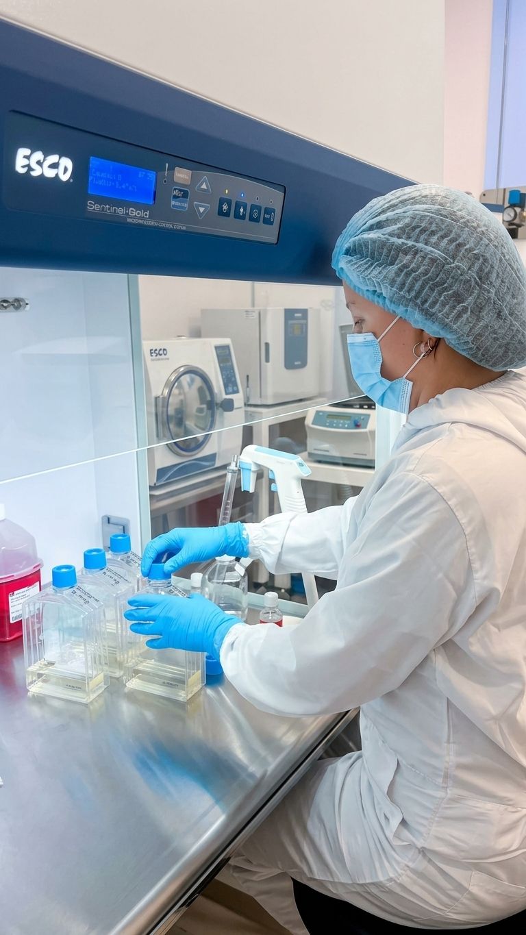 Profesional del laboratorio trabajando en cabina de bioseguridad